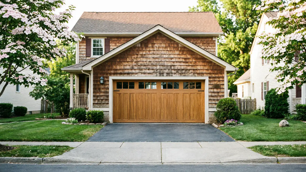 The house has a wooden garage door with windows and cedar shake siding.