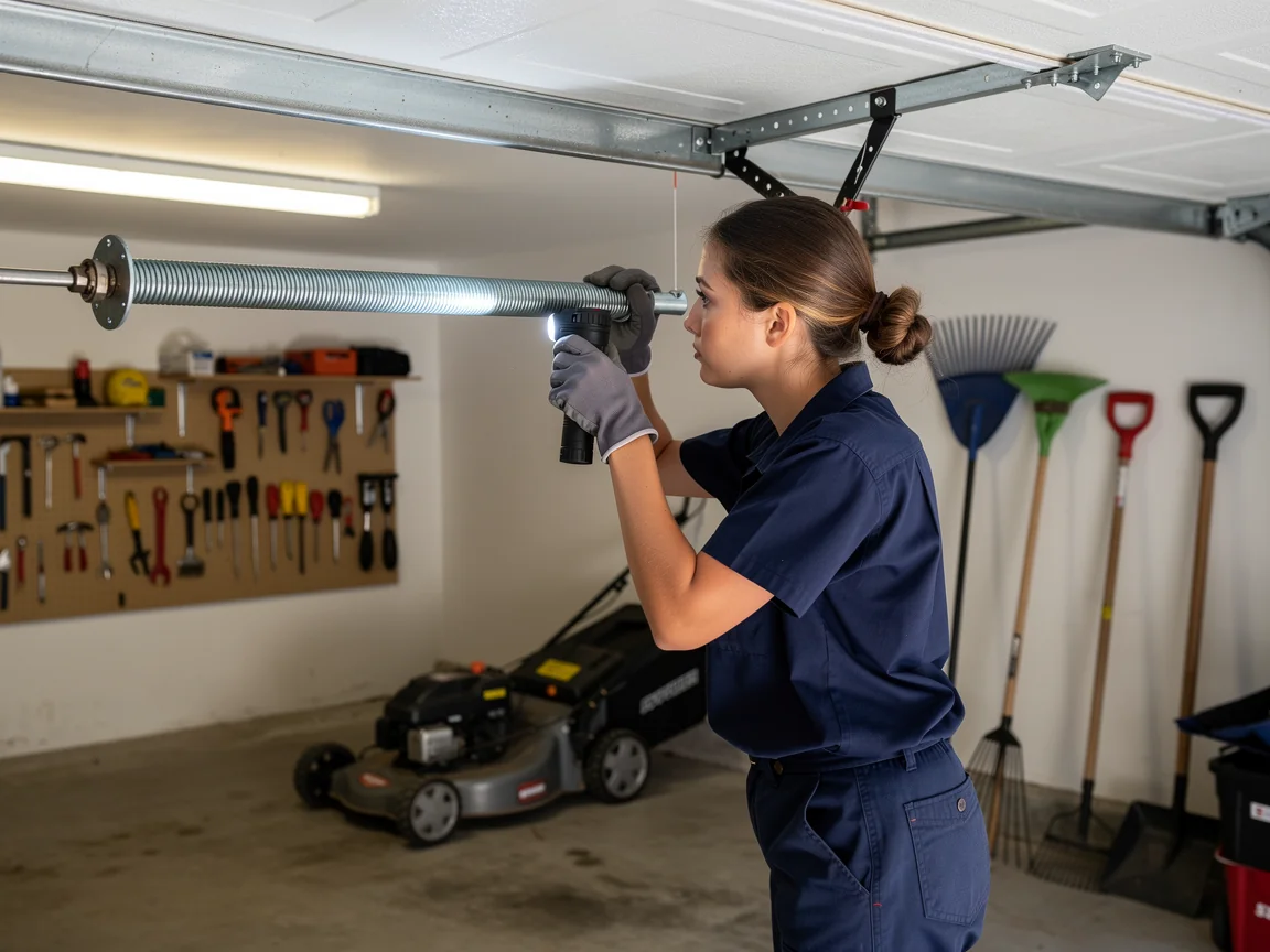 A technician in a blue uniform inspects a garage door torsion spring with a flashlight.