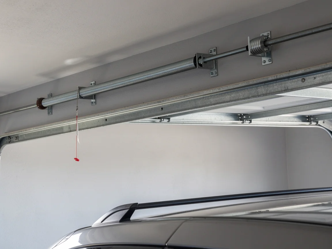 A torsion spring is mounted above a garage door, with a car roof visible below.