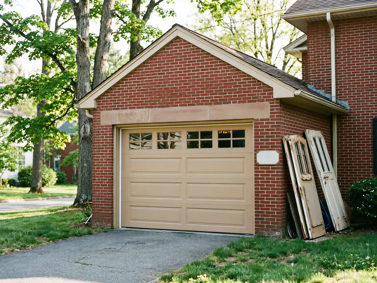 A tan garage door with windows is on a brick garage next to a driveway.