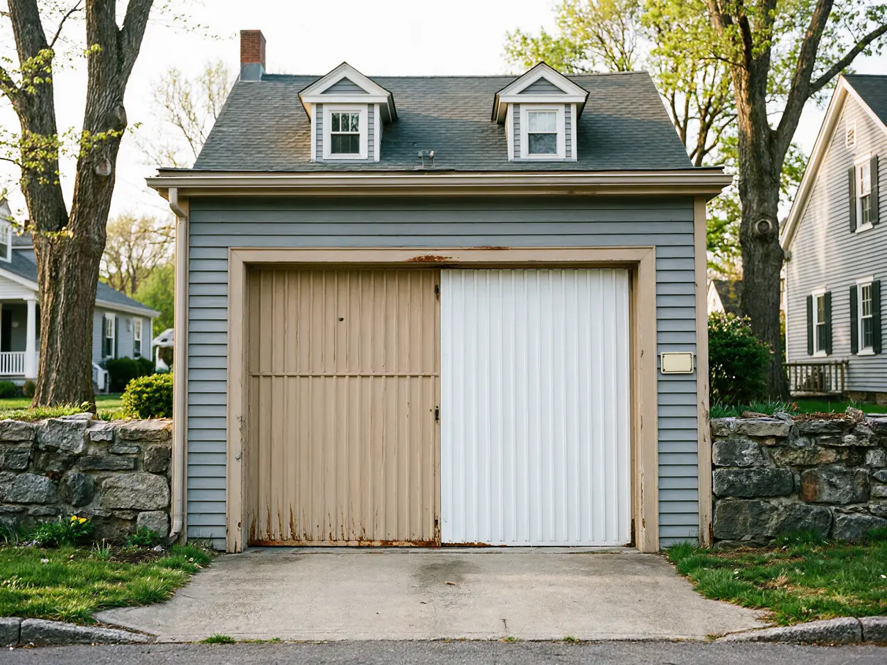 The garage door is half old and peeling tan, and half new white.