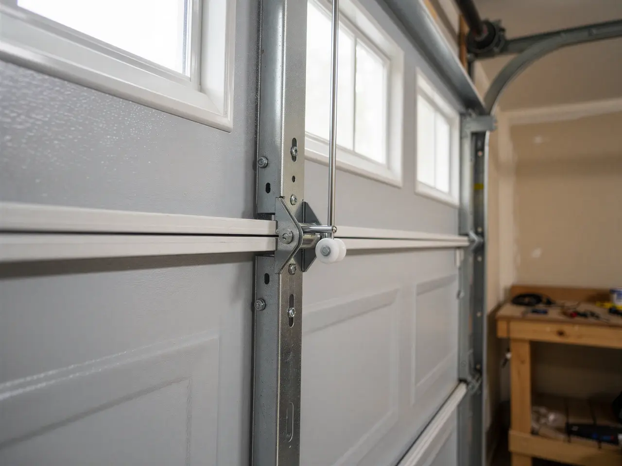 A white garage door with windows shows a roller and track.