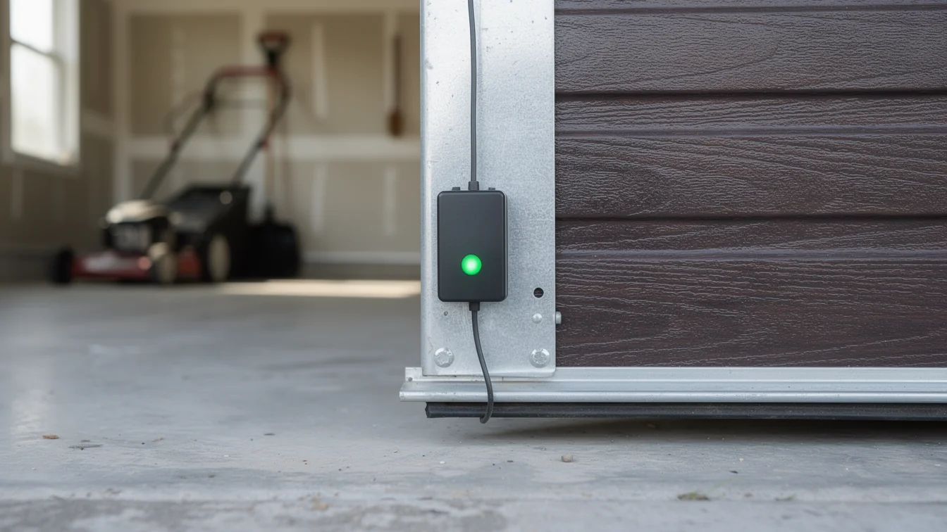 A black sensor with a green light is attached to a brown garage door.