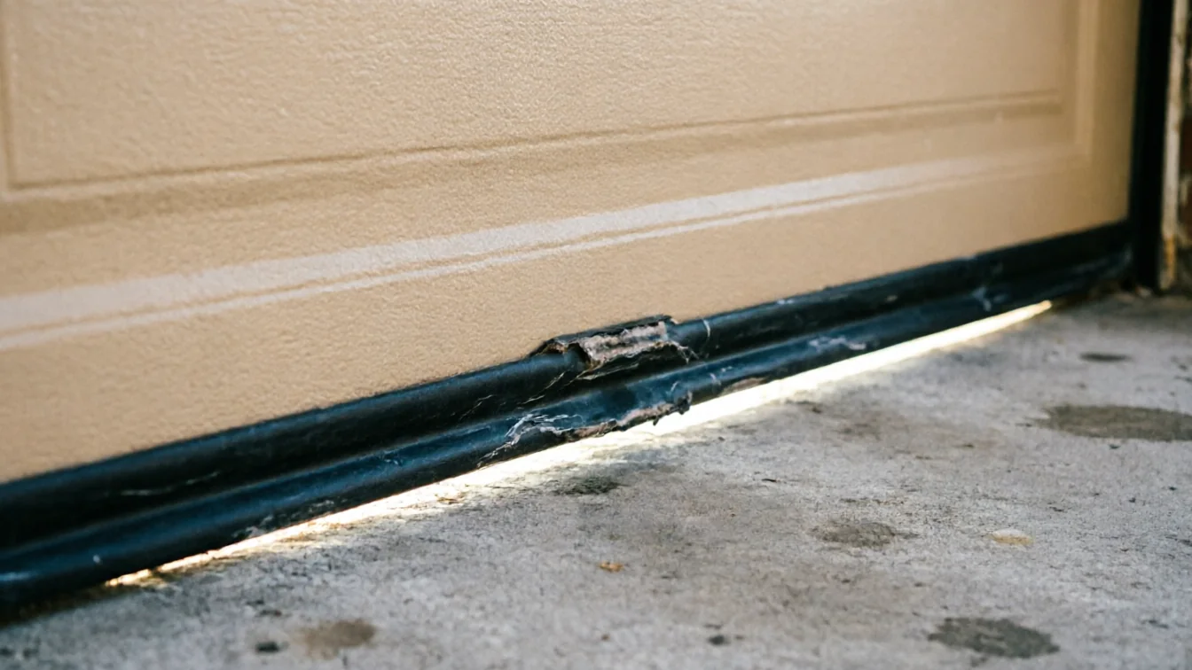 The bottom seal of a beige garage door is torn, letting light shine through.