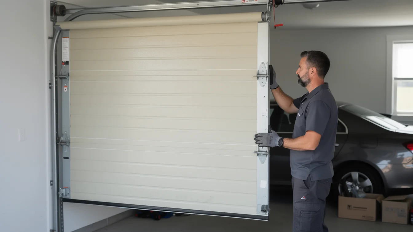 A technician in gray gloves adjusts a beige garage door inside a garage.