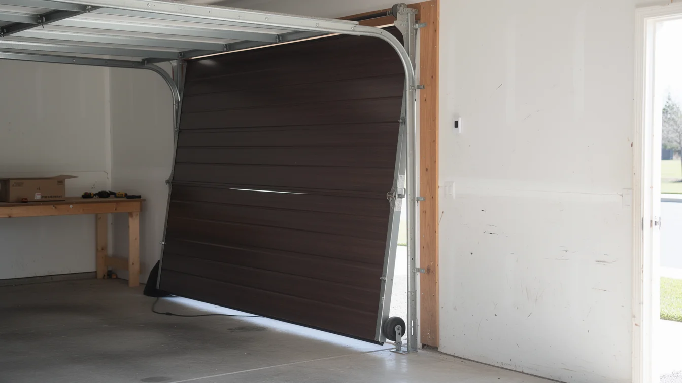The brown garage door is off its tracks and leaning into the garage.