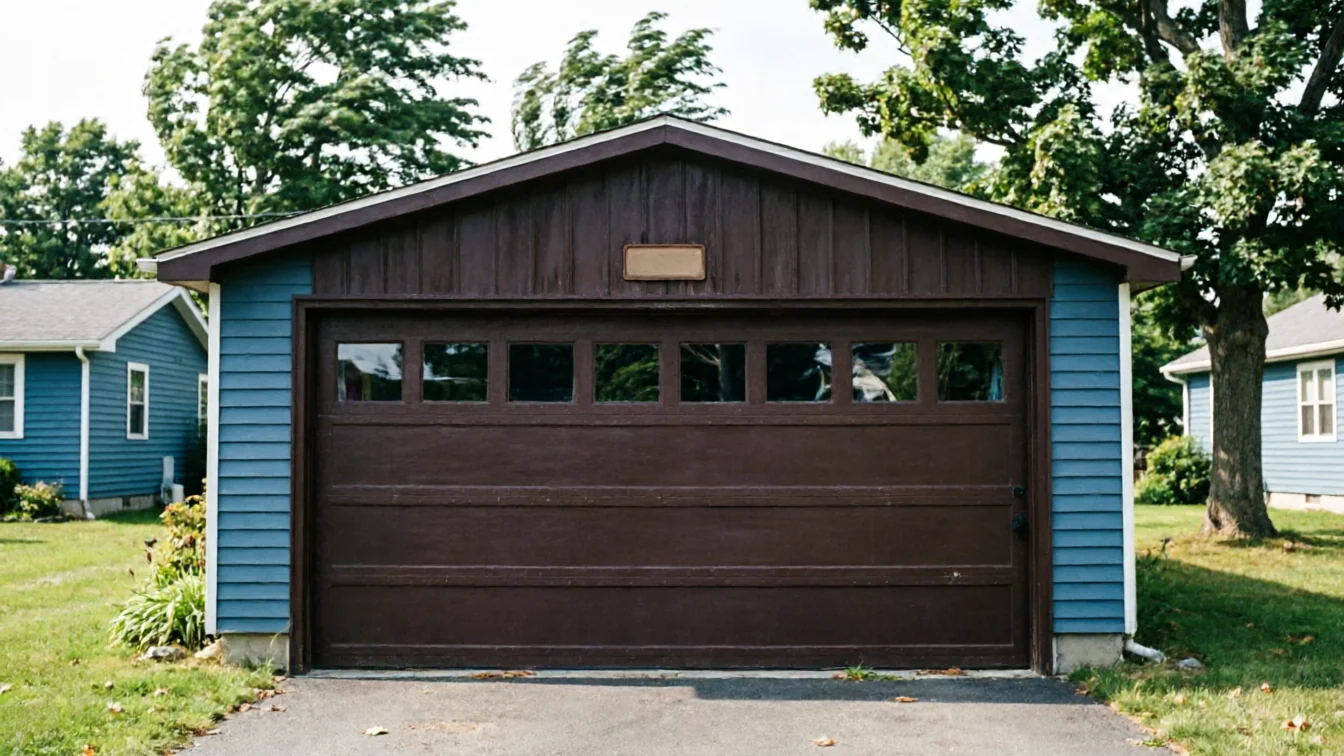 A brown garage door with windows is on a blue garage with brown trim.